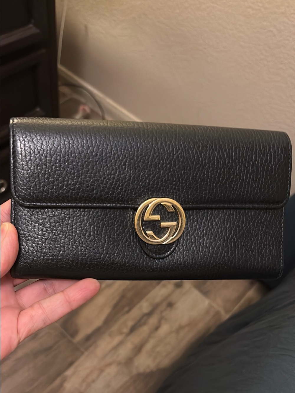 Gucci Black Leather Wallet with Gold double GG hardware
